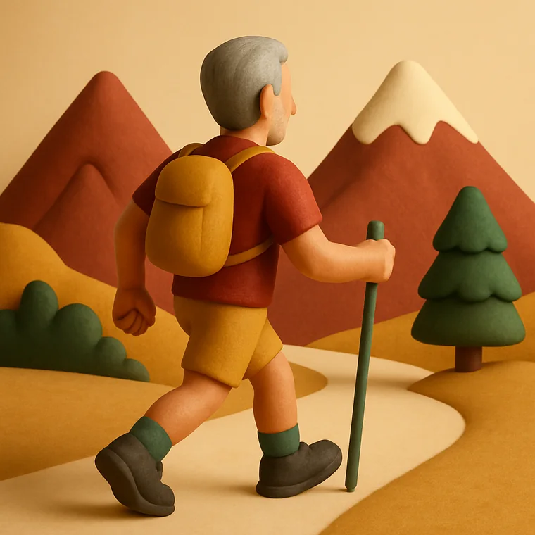 Hombre de más de 50 años caminando en la cordillera, con energía recuperada