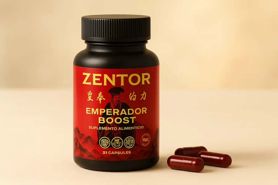 Frasco oficial de Zentor Emperador Boost con sus cápsulas de gelatina