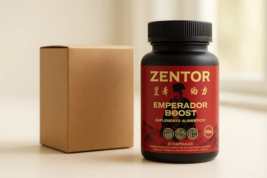 Frasco de Zentor junto a la caja de despacho a domicilio en Chile