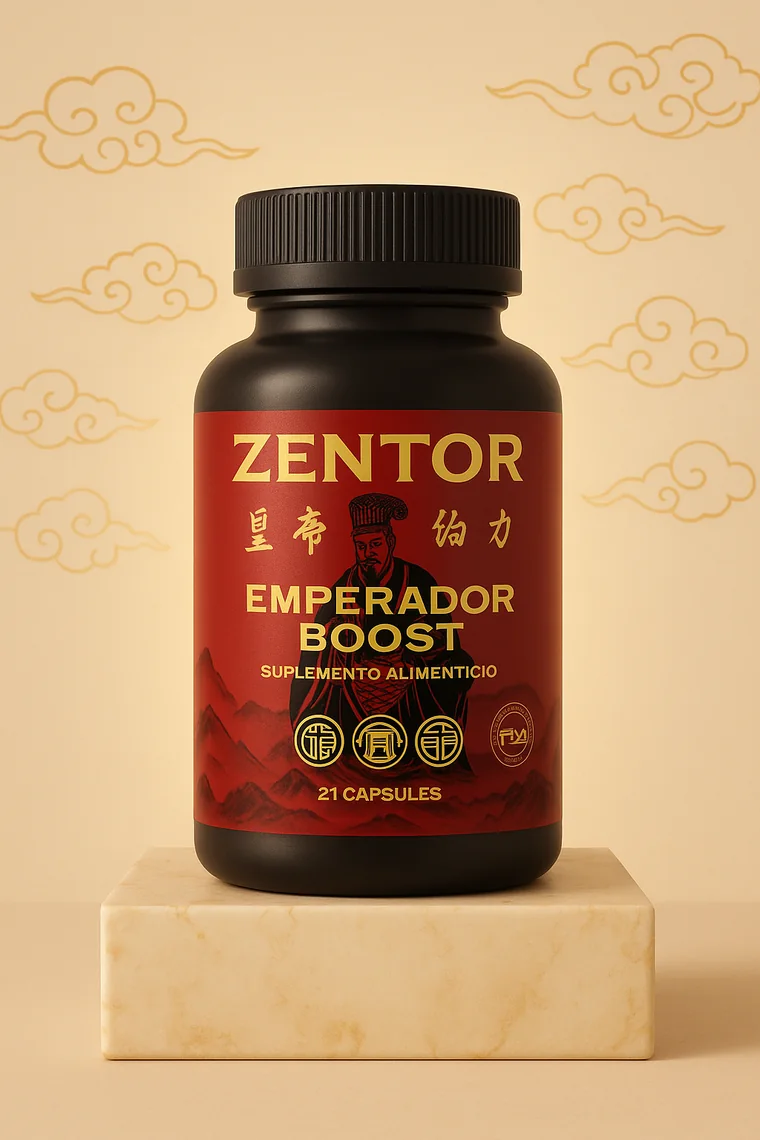Frasco oficial de Zentor Emperador Boost sobre un pedestal, con 21 cápsulas